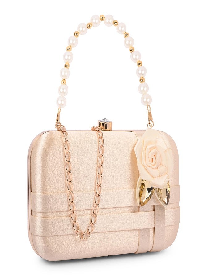 ADISA Studded flower formal party clutch with pearl handle and gold chain for women and girls (CL111-GOL) - Image 2